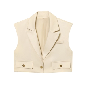 Ensemble gilet à revers et pantalon large pour femme en tissu tissé de couleur abricot