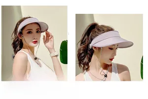 Detail of lavender wide brim sun visor with adjustable chin strap for outdoor activities