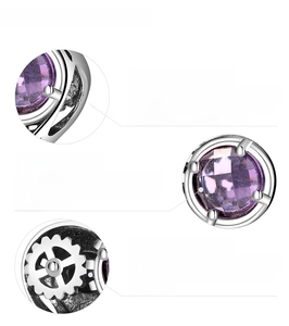 Detail showing 925 sterling silver material and purple cubic zirconia stones on jewelry