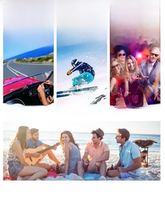 Fashionable cat eye sunglasses shown in driving, skiing, and beach travel scenarios