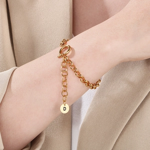 Minimalist thick chain bracelet in 18k gold finish with OT buckle and letter D charm