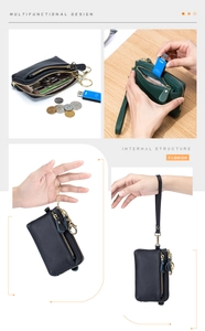 Detail of leather coin purse showing internal structure and multifunctional wrist strap