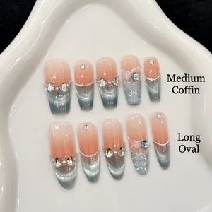 Faux Ongles Faits À La Main Bleu Oeil De Chat Français Dégradé Strass Künstliche Perle Élégant Coffin Ovales