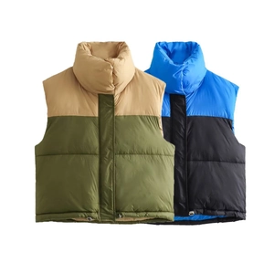 Veste Sans Manches Matelassée Femme Color Block Col Montant Zippée Gilet Rembourré Blouson Cordon De Serrage Mode Casual Chaud