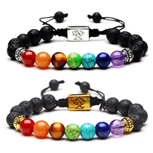 Lava stone 7 chakra bracelet with tree of life charm and adjustable braided rope