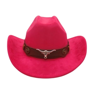 Vintage Western Cowboy Hat For Women Men Suede Ethnic Fedora Hat With Bull Head Metal Leather Band Wide Brim Sun Hat