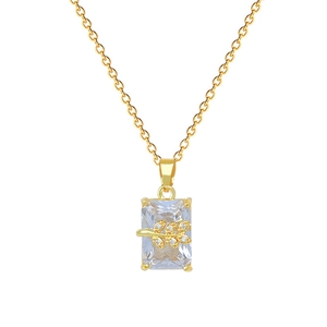 Elegant gold titanium necklace with a rectangular crystal pendant and crystal leaf motif