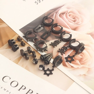 Black punk style stainless steel earring set with skull star and spike charms