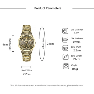Detailed product parameters of gold vintage calendar watch with Arabic calligraphy engraving