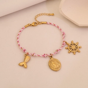 Bracelet tressé fait main avec queue de sirène dorée et pendentifs portraits