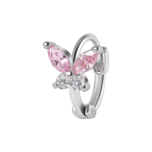 Silver butterfly hoop earring featuring pink marquise stones and white zircon crystals