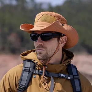 Chapeau de soleil orange-brun à large bord pour hommes avec mentonnière réglable pour randonnée