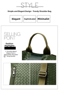 Detail of green woven shoulder bag featuring thick silver metal zipper and adjustable strap