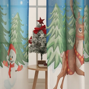 Detail of festive Christmas blackout curtain with snowman, reindeer and pine tree pattern