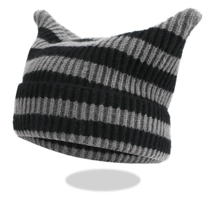 Cute striped cat ear knit beanie hat in black and grey for women winter accessory