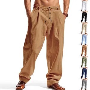 Men Casual Pants Linen Blend Breathable Loose Fit Drawstring Waist Straight Leg Summer Trousers Solid Color