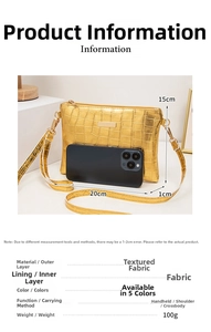 Detail view of gold crocodile embossed envelope bag with dimensions 20x15x1cm and strap