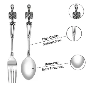 Gothic skull cutlery set including fork and spoon in vintage stainless steel finish