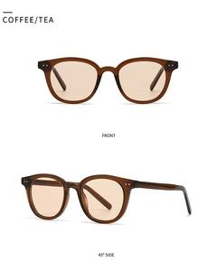 Detailed front and side views of vintage coffee-colored acrylic fashion sunglasses