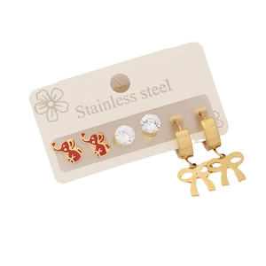 Three-pair stainless steel earring set with red elephants, butterflies, and zircons