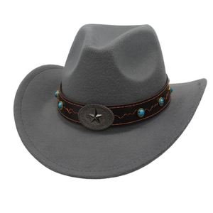 Macro detail of a grey felt cowboy hat with a brown leather band and silver star stud