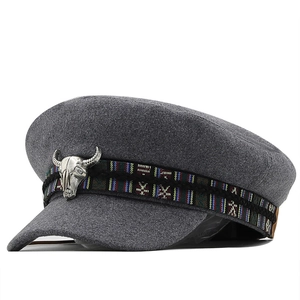 Women Military Cap Vintage Flat Top Newsboy Hat Woolen Polyester With Bull Skull Metal Ornament And Ethnic Woven Band Casual