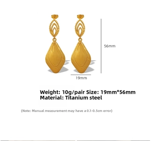 Detailed size specifications for gold plated rhombus titanium steel earrings 19mm by 56mm