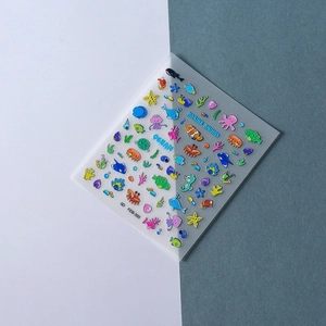 5D embossed ocean world nail art stickers with 3D marine animals like clownfish and starfish