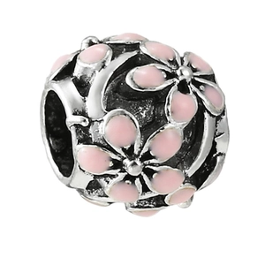 Pink enamel flower charm with silver metal base for DIY jewelry making and bracelets