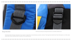 Detail of durable adjustable buckle and reinforced straps on blue ripstop nylon travel backpack