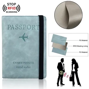 Blue PU leather RFID passport holder with elastic strap and protective multi-layer lining
