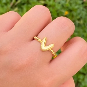 18K gold beaded adjustable open ring with 3D bubble heart letter design for women