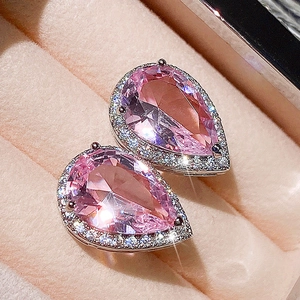 Pear cut pink crystal drop earrings with halo stones in a premium pink velvet jewelry box