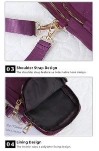 Detail of purple quilted bag showing detachable gold metal hooks and polyester lining