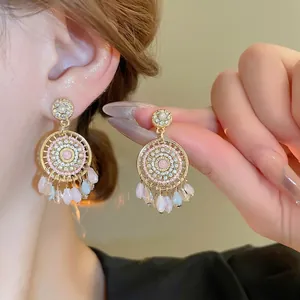 Bohemian Round Mandala Drop Earrings With Alloy Colorful Rhinestone Artificial Pearl And Silver Earring Post Vintage For Women