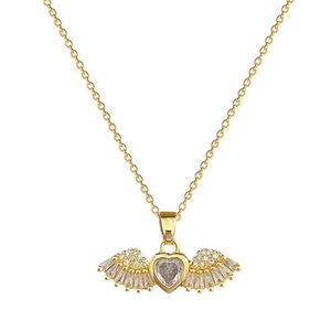 Gold angel wing heart necklace with clear central stone and sparkling zircon accents
