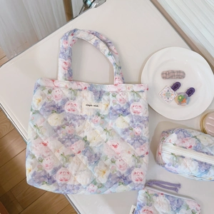 French style floral quilted tote bag set with rose pattern and small pouches