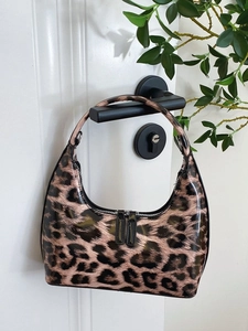 Retro patent leather leopard print handbag with crescent shape and smooth zipper