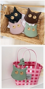 Mini cat shaped PU leather coin purses in black, brown, pink and mint with metal zipper