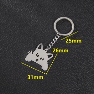 Porte-clés chat en métal argenté poli avec dimensions bague 25mm et largeur 31mm