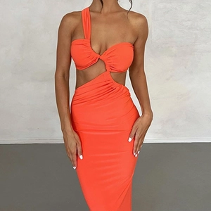 Elegant orange one-shoulder cut-out evening dress with pleated details and side slit