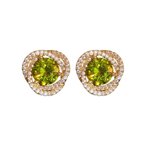 Vintage rose gold stud earrings with round green zircon and twisted pave halo