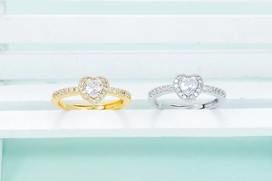 Elegant heart-shaped zircon rings in gold and silver finish with pave diamonds