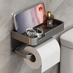 Toilet Paper Holder With Storage Shelf Wall Mounted Space Aluminum Punch Free Waterproof Bathroom Roll Rack Modern