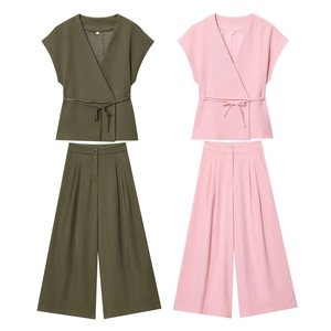 Women Outfits Polyester V Neck Wrap Sleeveless Tie Waist Top And High Waist Wide Leg Pants Solid Color Casual Elegant