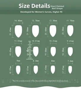 Size chart for short pointed press-on nails with 12 specific dimensions and 24 pieces