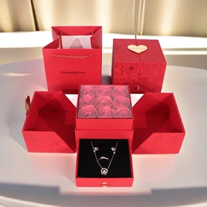Red double-door jewelry gift box with nine soap roses and necklace set with gift bag
