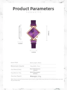 Detailed technical diagram of purple diamond-cut quartz watch with magnetic strap specifications