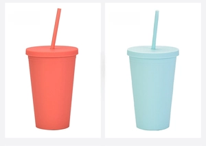 Dual-shot view of orange red and mugwort green matte 16oz plastic tumblers with straws