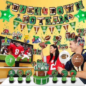 Rugby party decoration set with Touch Down banner, balloons, and cake toppers